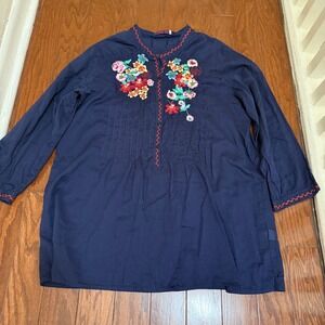 Johnny Was Navy Blue Floral‎ Embroidered Cotton Tunic Top Boho Pintuck Womens M